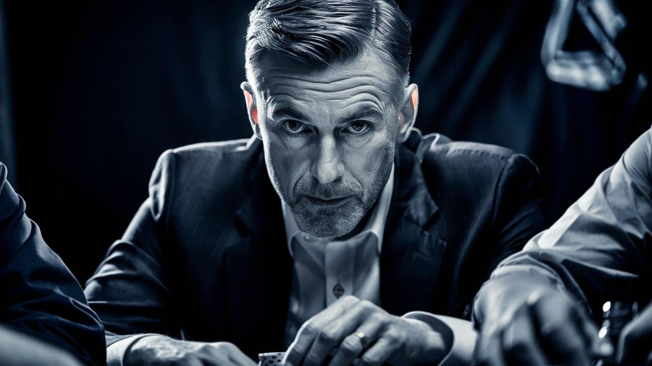 Stariji muškarac u odelu gleda fokusirano i ozbiljno preko stola za poker, u napetoj atmosferi.