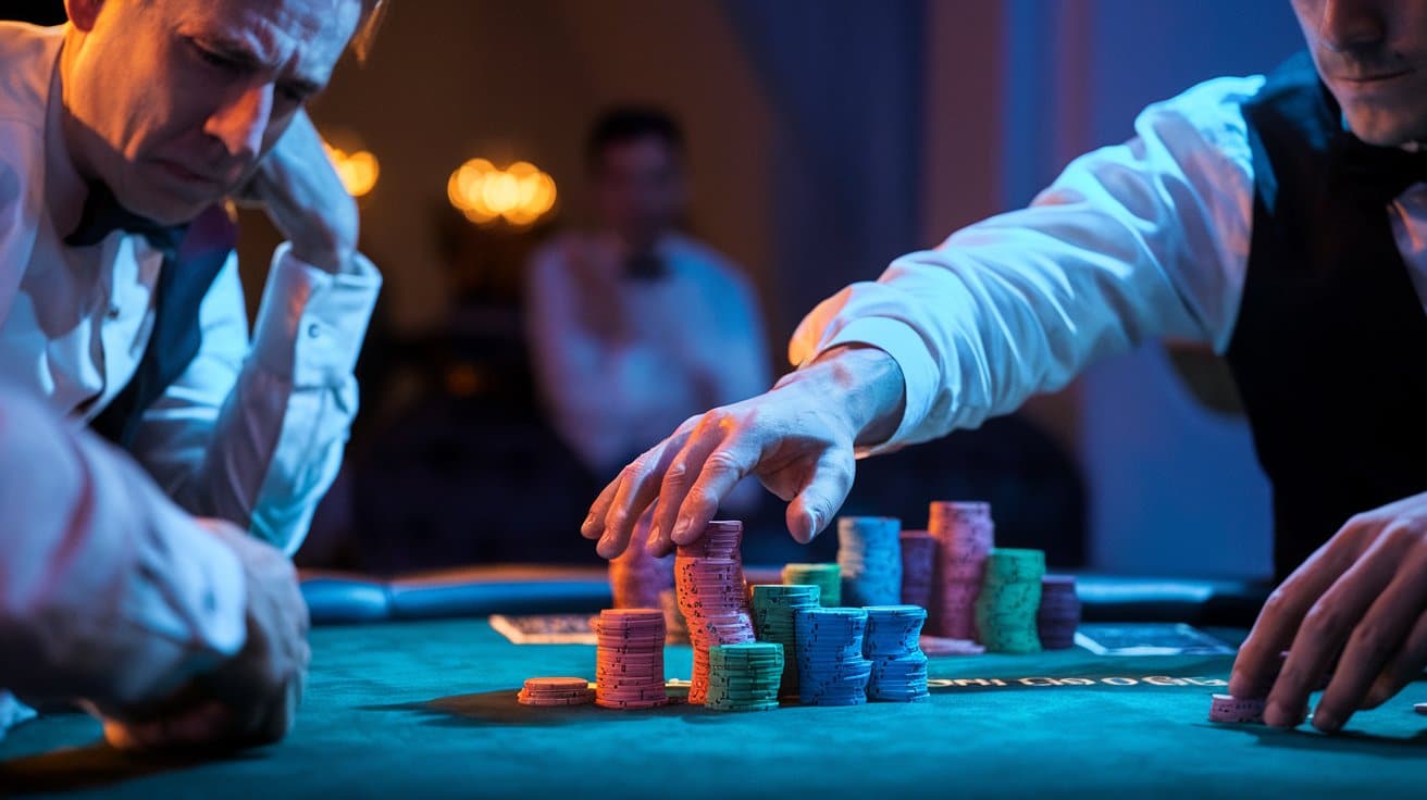 Dva igrača pomeraju žetone u tihoj, niskosvetlosnoj atmosferi pokeraške sobe.