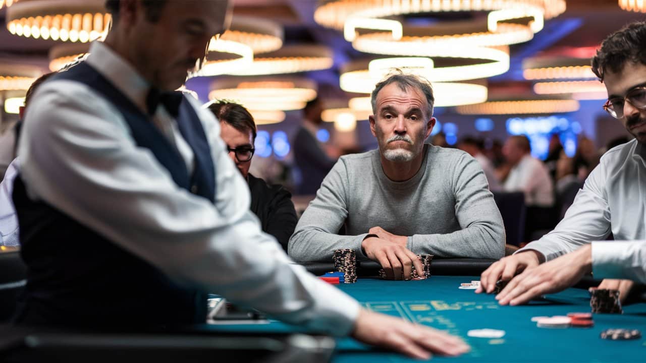 Stariji poker igrač u sivoj majici ozbiljno posmatra igru dok krupije deli karte