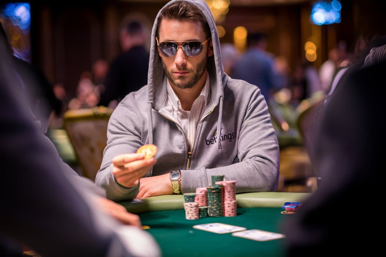 Poker igrač u dukserici i naočarima, fokusiran dok ulaže čip