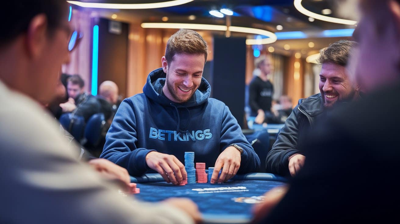 Nasmejani igrači za poker stolom u opuštenoj atmosferi turnira