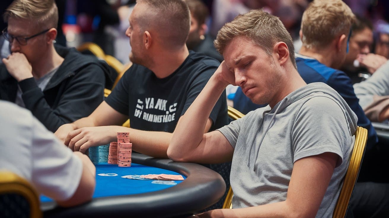 Poker igrač zamišljeno naslonjen na ruku tokom naporne partije