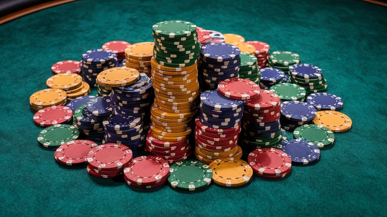 Ogromna gomila poker čipova različitih boja uredno naslagana na zelenom stolu.