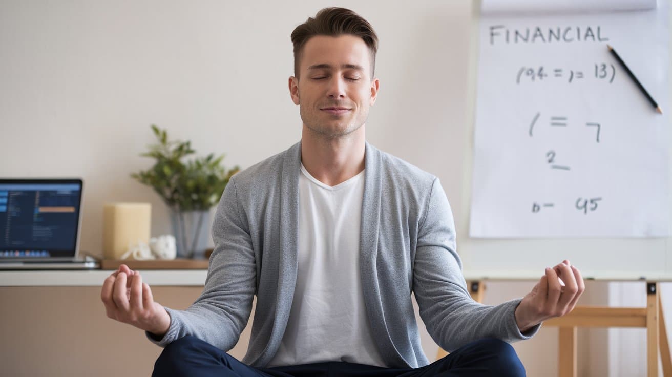 Muškarac meditira u kancelariji sa zatvorenim očima, sedeći ispred table sa finansijskim proračunima.