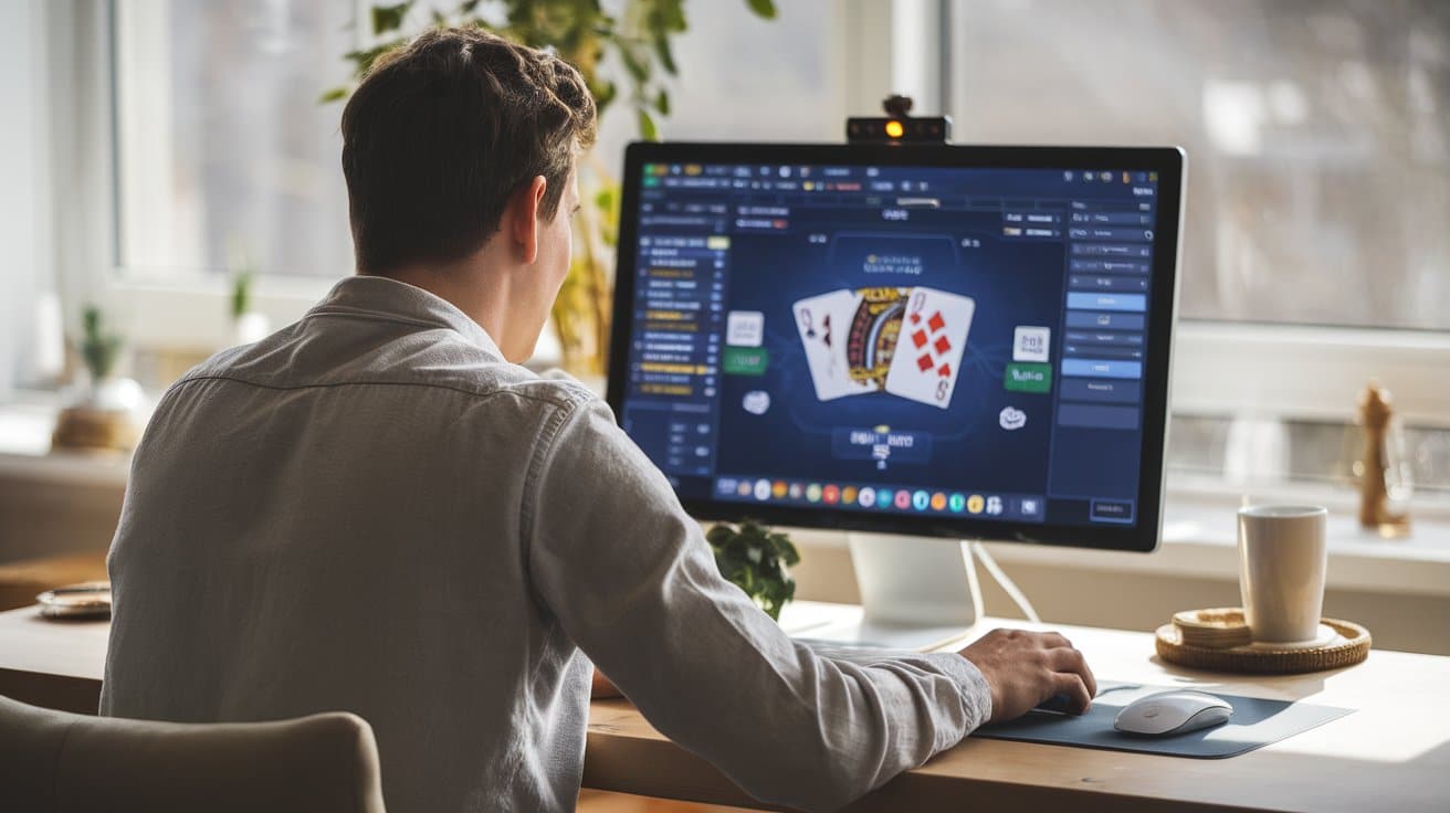 Muškarac sedi za radnim stolom i igra onlajn poker na računaru, fokusirano posmatrajući ekran.

