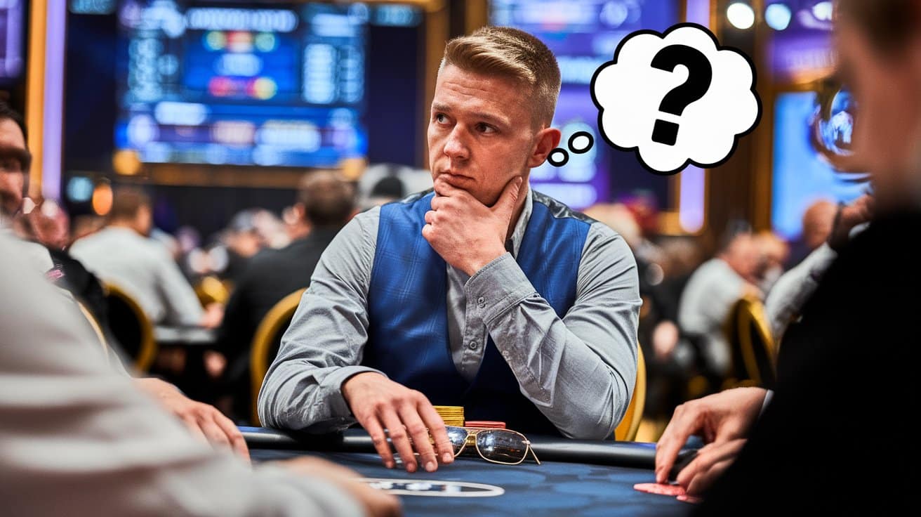 Poker igrač zamišljen za stolom sa znakom pitanja u oblačiću iznad glave, razmišlja da li da pozove ili odustane.