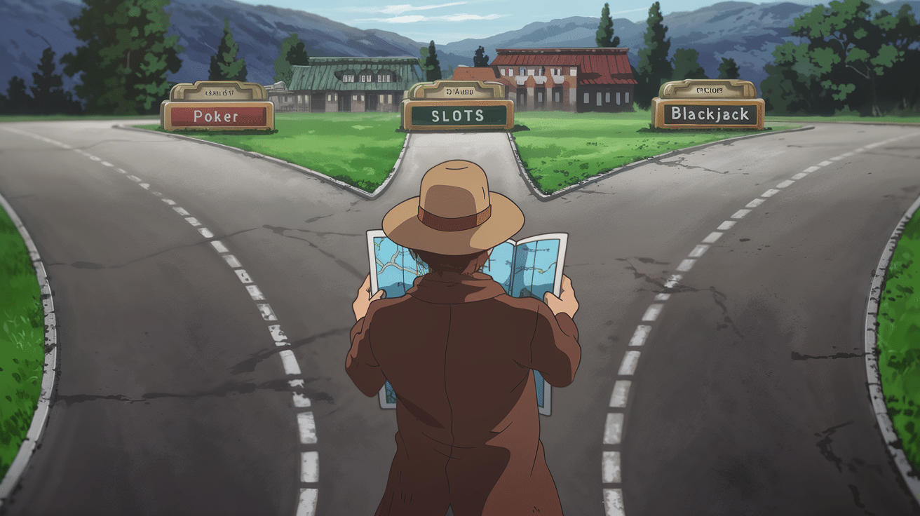 Ilustracija putnika sa šeširom koji gleda u mapu, stoji na raskrsnici između tri puta: poker, slot mašine i blekdžek.