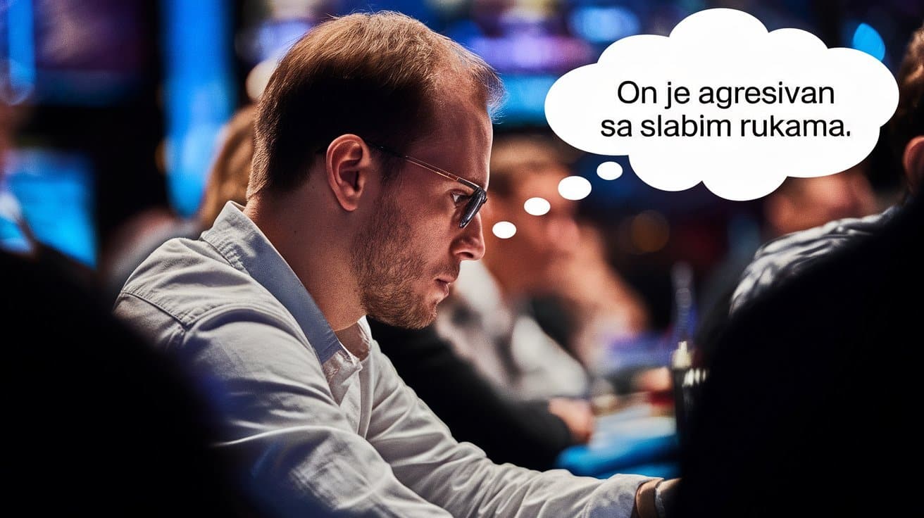 Igrač posmatra protivnika za poker stolom, razmišljajući „On je agresivan sa slabim rukama”