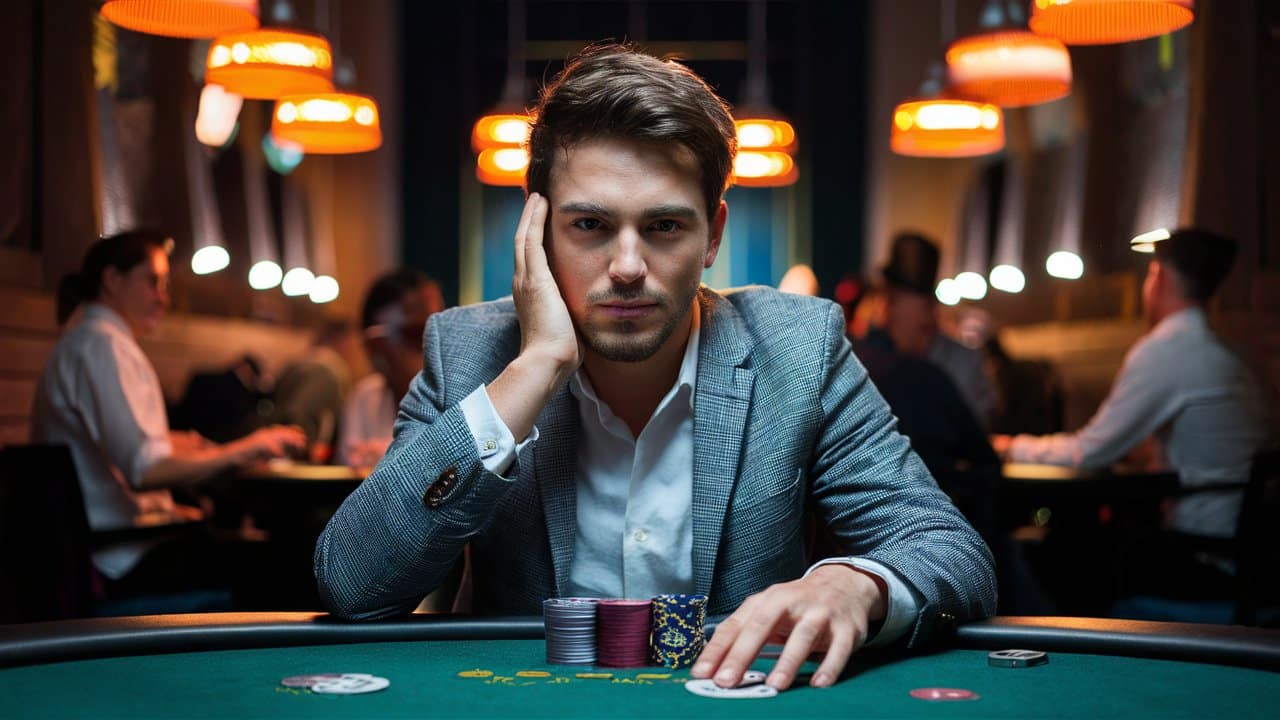 Fokusirani igrač u sivom sakou sedi za poker stolom okružen protivnicima u elegantnoj atmosferi.