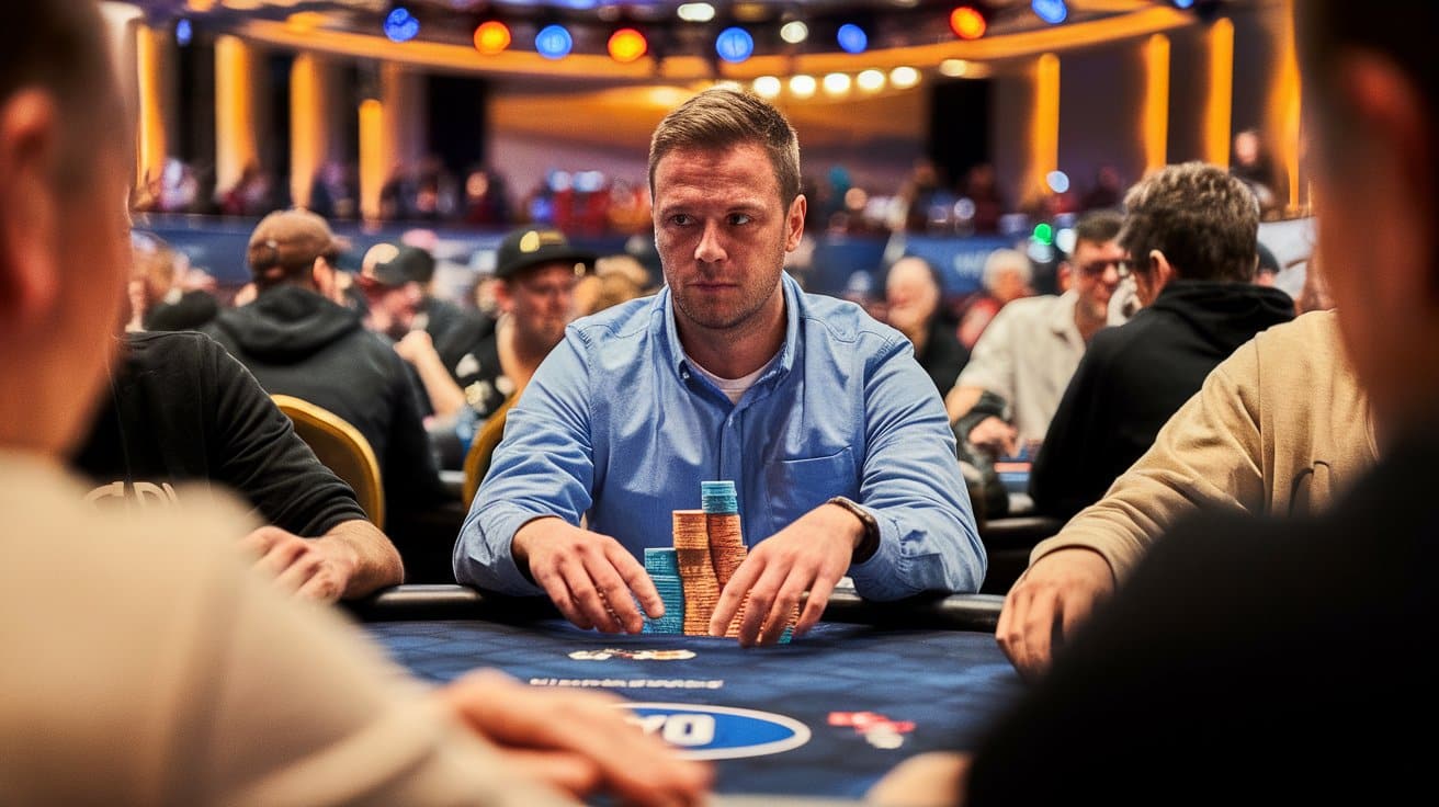 Muškarac za poker stolom, nosi plavu košulju i posmatra protivnike