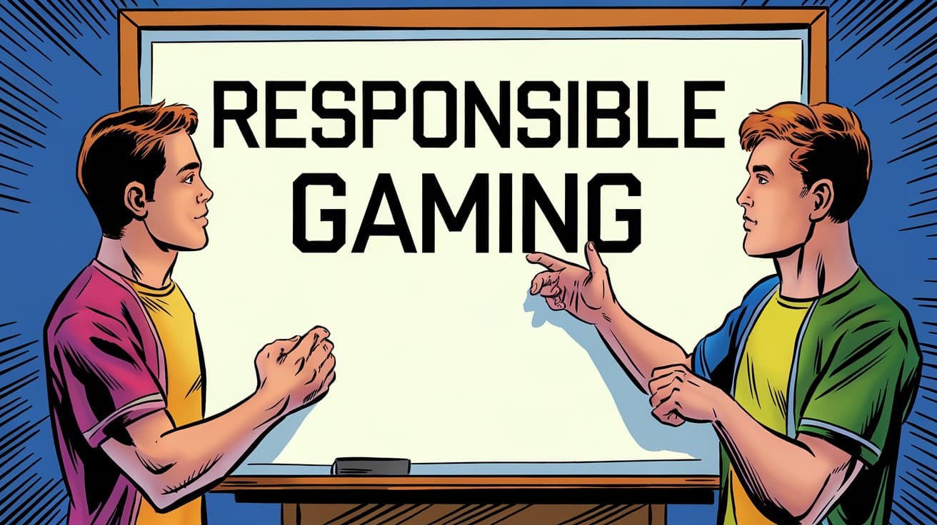 Dva mladića diskutuje ispred table na kojoj piše 'RESPONSIBLE GAMING', ukazujući na važnost odgovornog igranja
