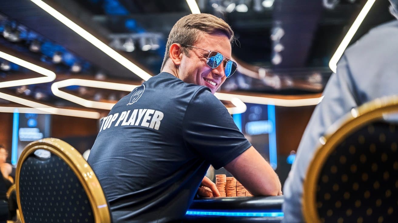 Nasmejani igrač za poker stolom nosi majicu sa natpisom "igrač godine", okružen žetonima.