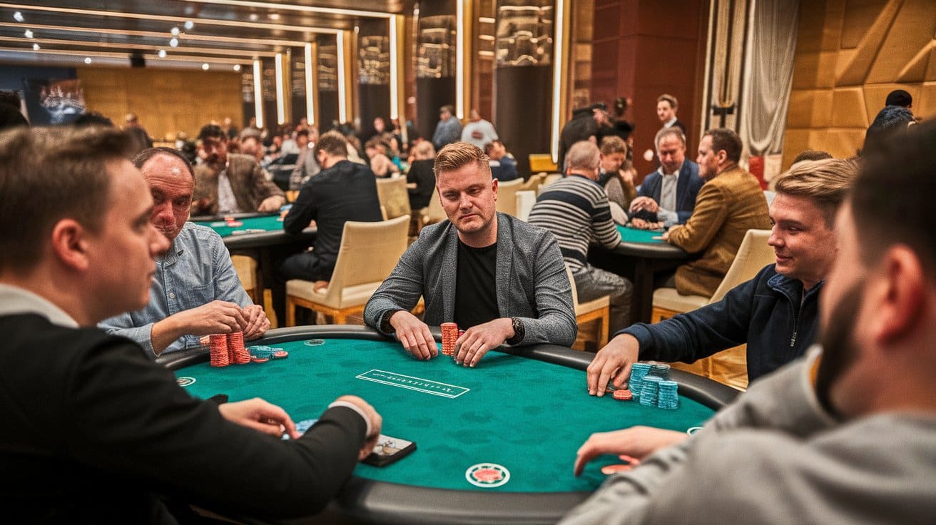 Igrači sede za poker stolom, fokusirani na igru bez gledanja svojih karata.