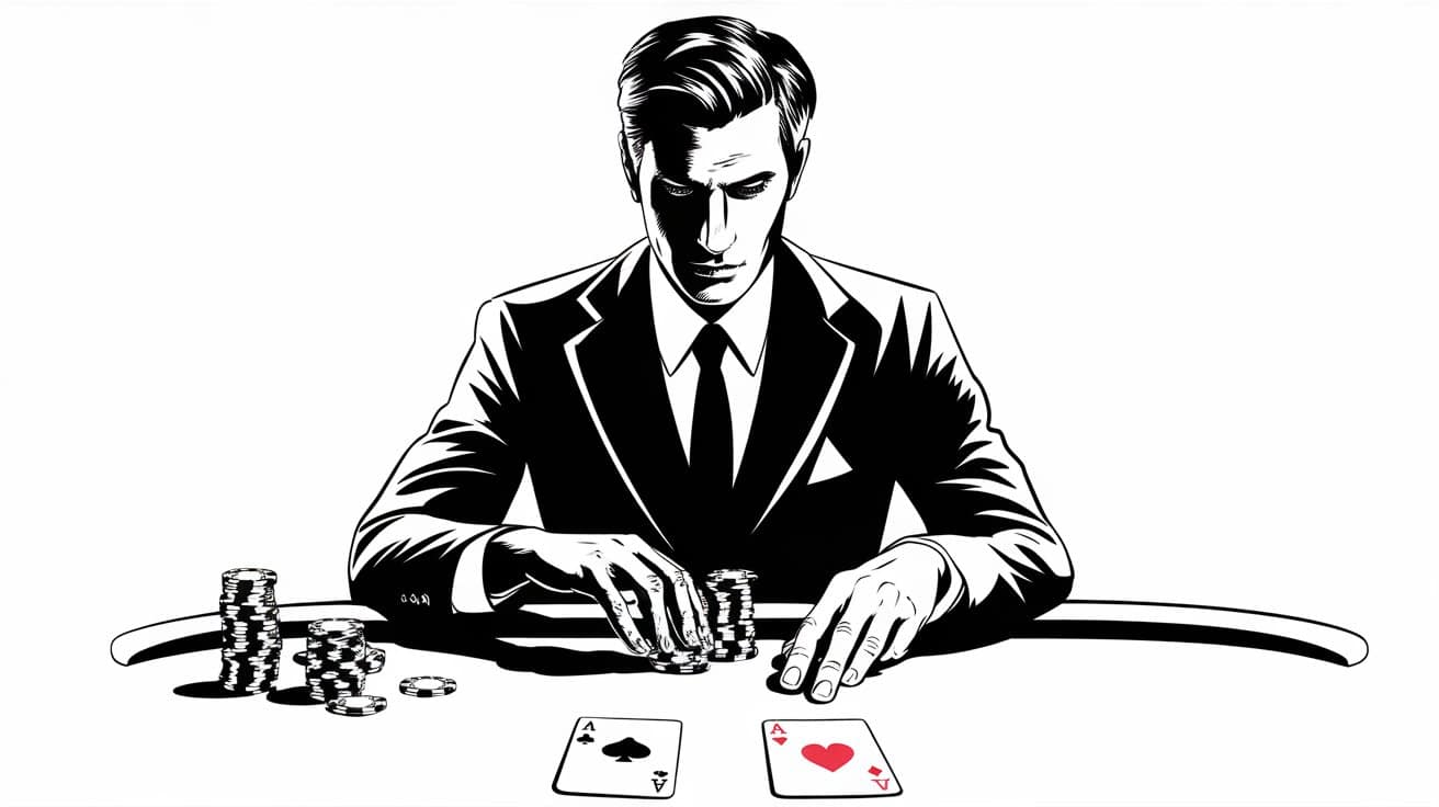 Ilustracija muškarca u odelu za poker stolom koji razdvaja žetone, ispred njega dva asa.
