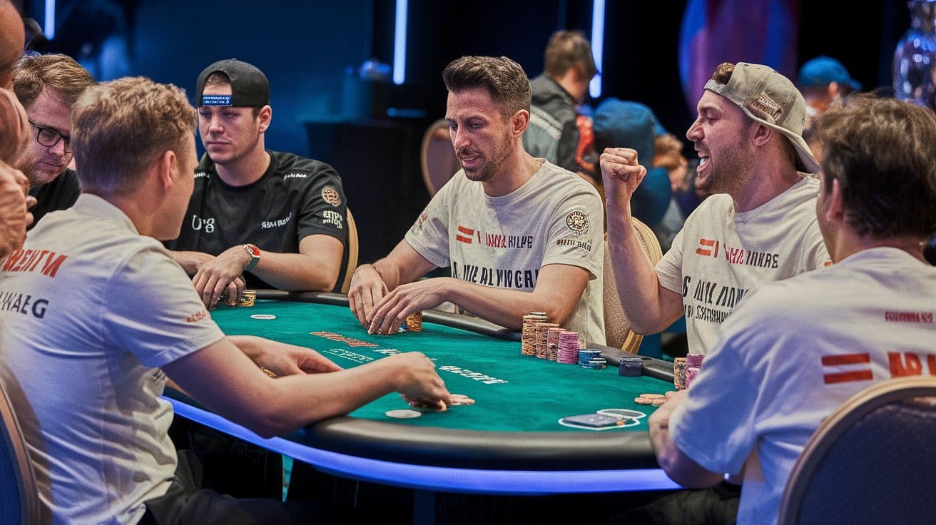 Igrači za poker stolom u napetoj atmosferi tokom partije.