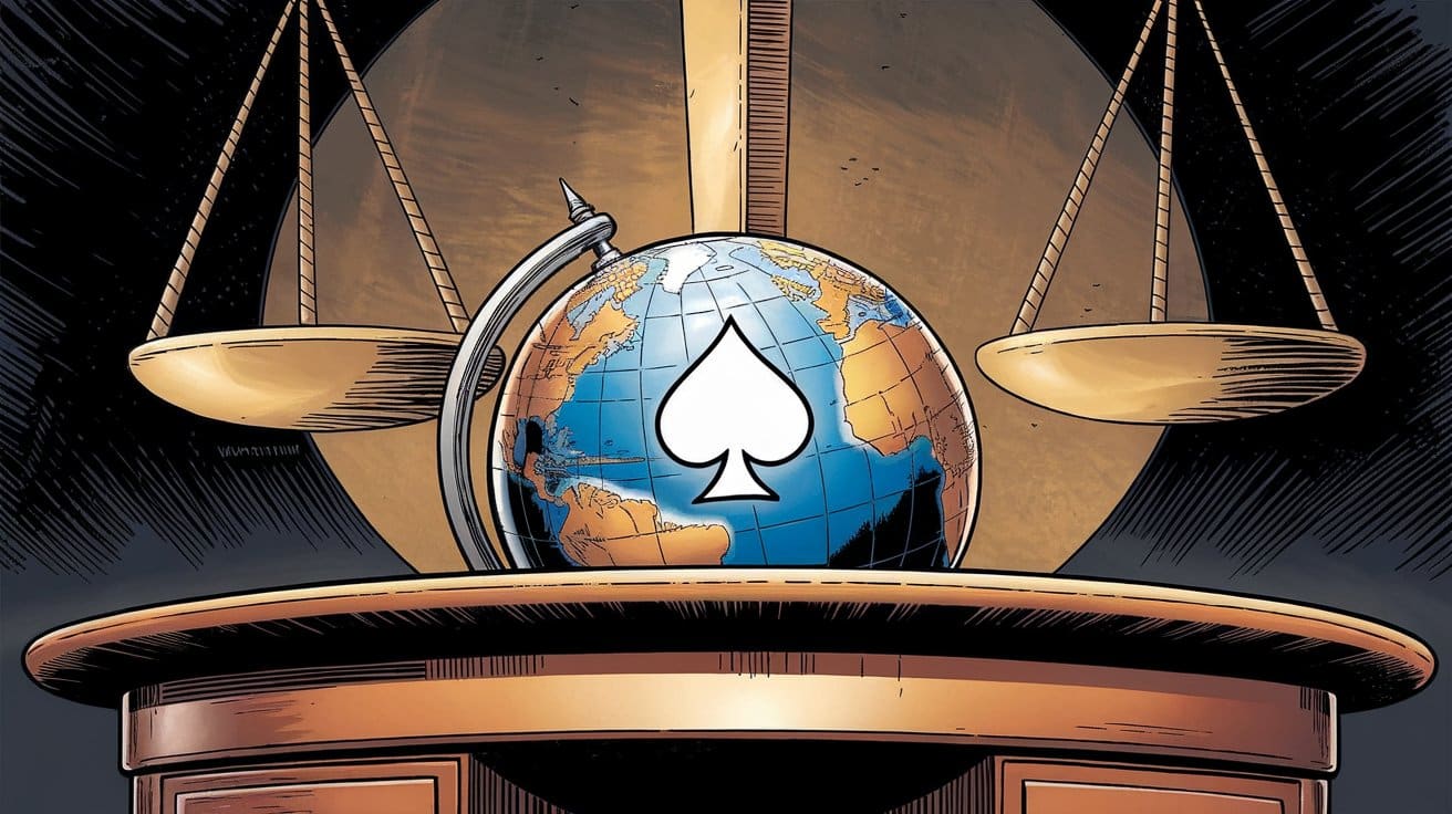 Globus sa simbolom pika na postolju pravde, sa vagom iznad, simbolizuje globalnu ravnotežu u pokeru