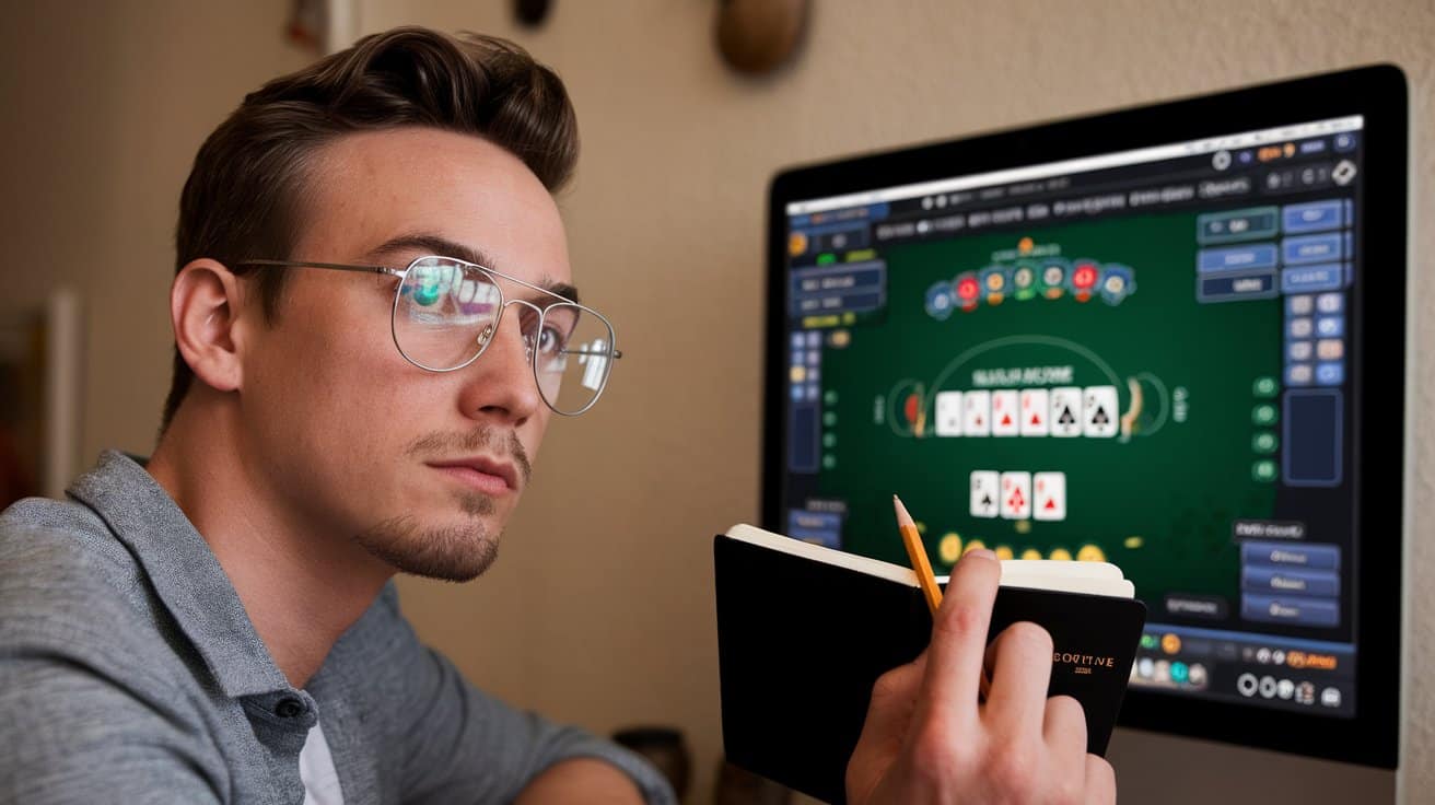 Muškarac sa naočarima drži svesku i olovku dok analizira online poker partiju na monitoru.