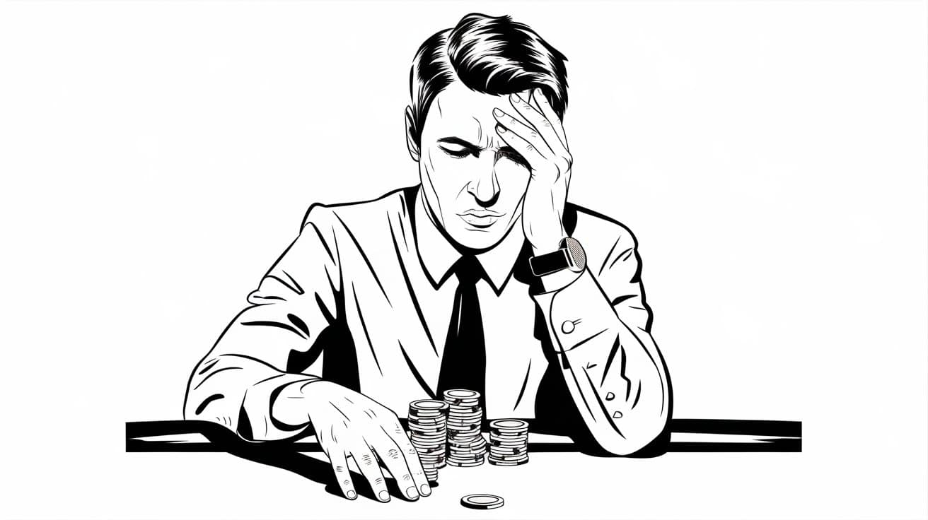 Ilustracija muškarca u odelu za poker stolom koji se drži za glavu, zabrinut i zamišljen dok gleda u svoje žetone.