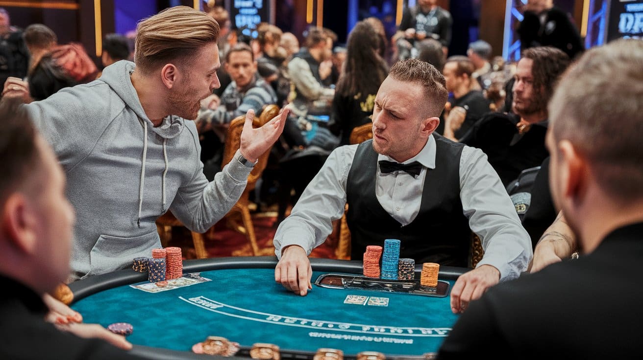 Poker igrač u dukserici gestikulira dok se raspravlja sa dealerom za stolom, okružen drugim igračima