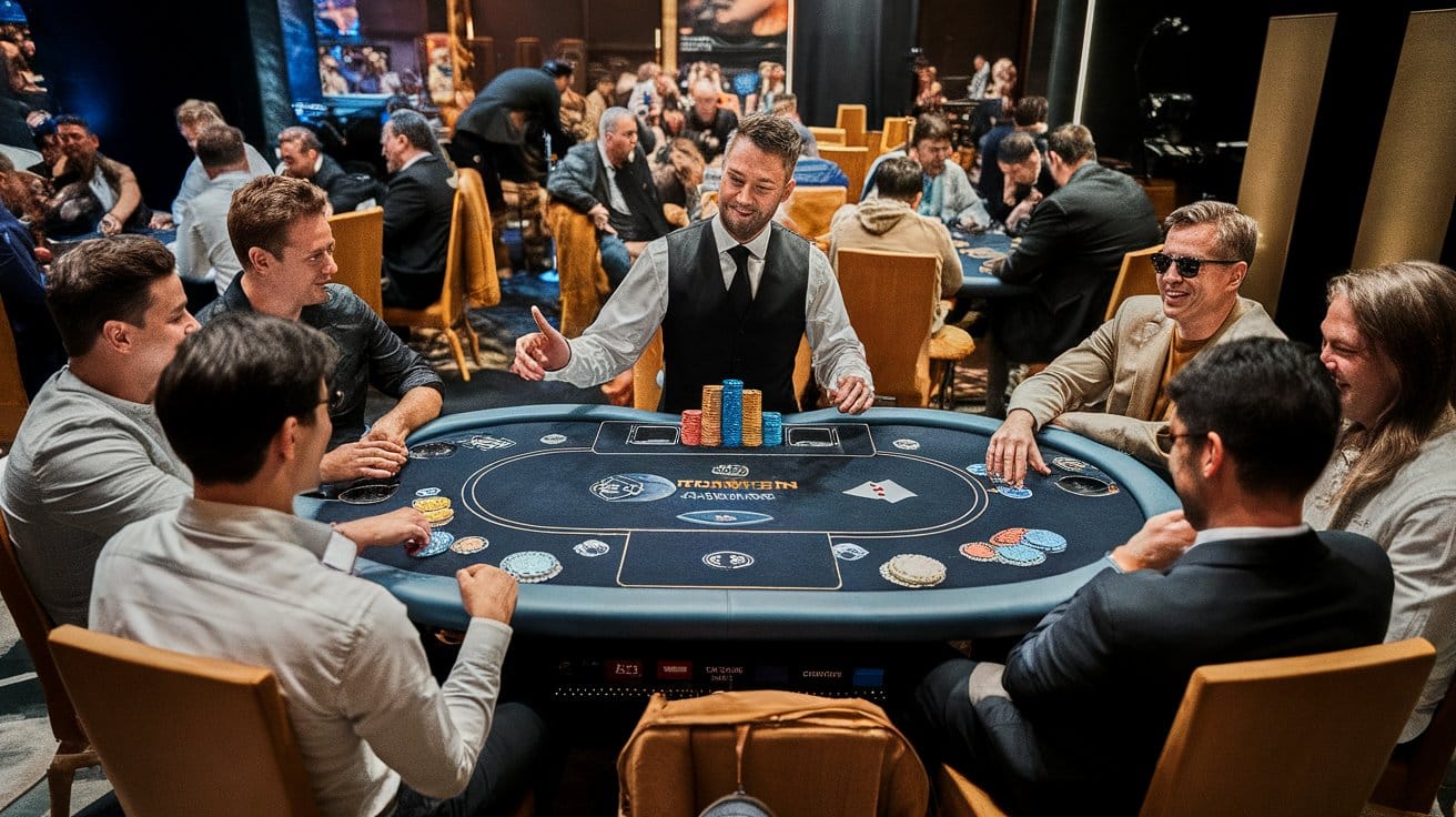 Nasmejani dealer vodi partiju pokera dok igrači za stolom razgovaraju i smeju se.