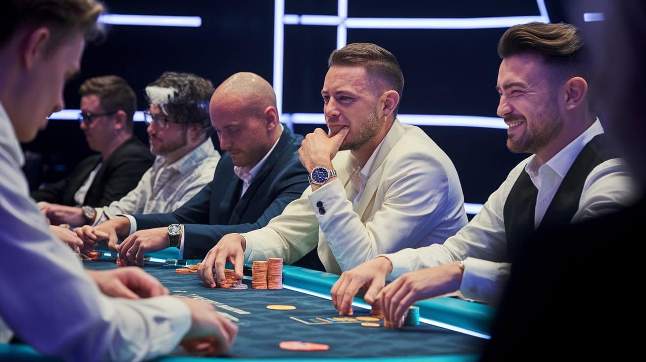 Poker igrači sede za stolom, nasmejani i fokusirani, dok premeštaju žetone tokom partije.