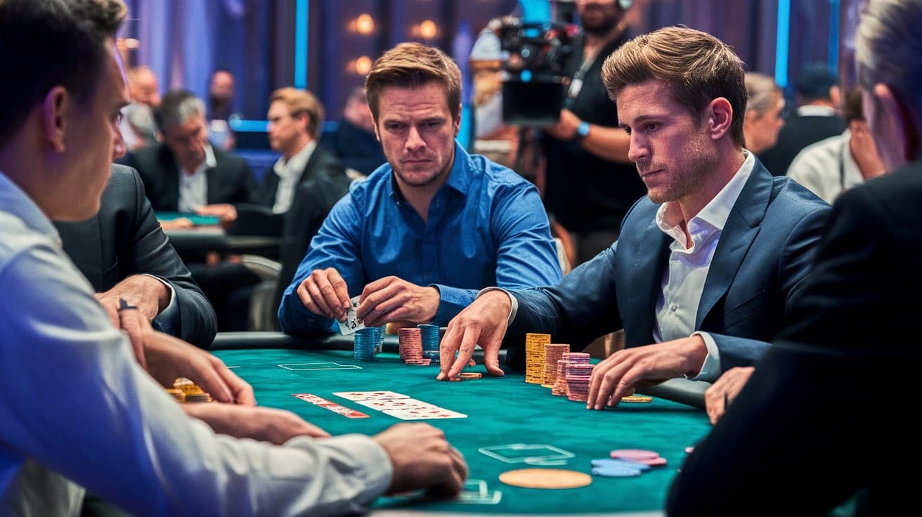 Poker igrači u elegantnim odelima fokusirani na poteze, sa gomilom žetona ispred sebe.