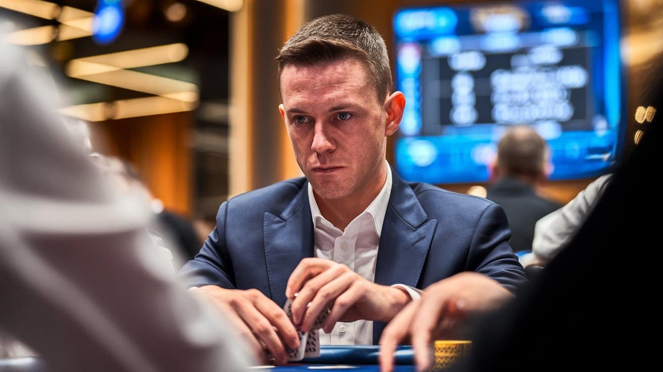 Ozbiljan poker igrač u plavom odelu drži karte tokom igre.