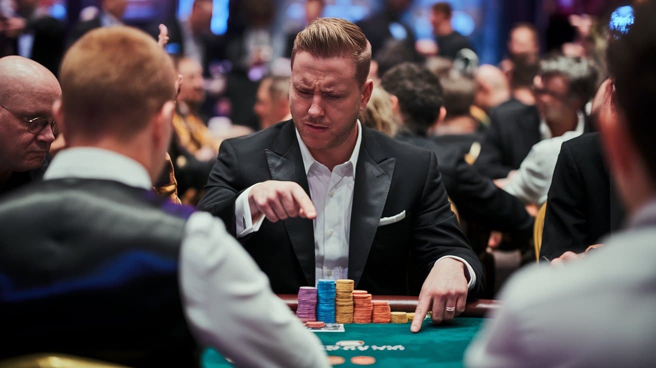 Poker igrač u crnom smokingu pokazuje na svoje žetone tokom igre, sa ozbiljnim izrazom lica.