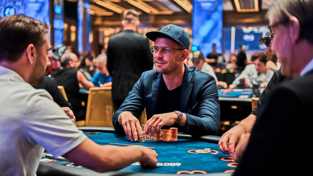 Poker igrač u plavom sakou i kapi opušteno razgovara sa protivnicima dok pomera svoje žetone.