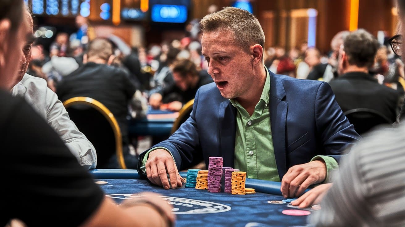 Poker igrač u plavom sakou i zelenoj košulji iznenađeno gleda potez tokom partije.