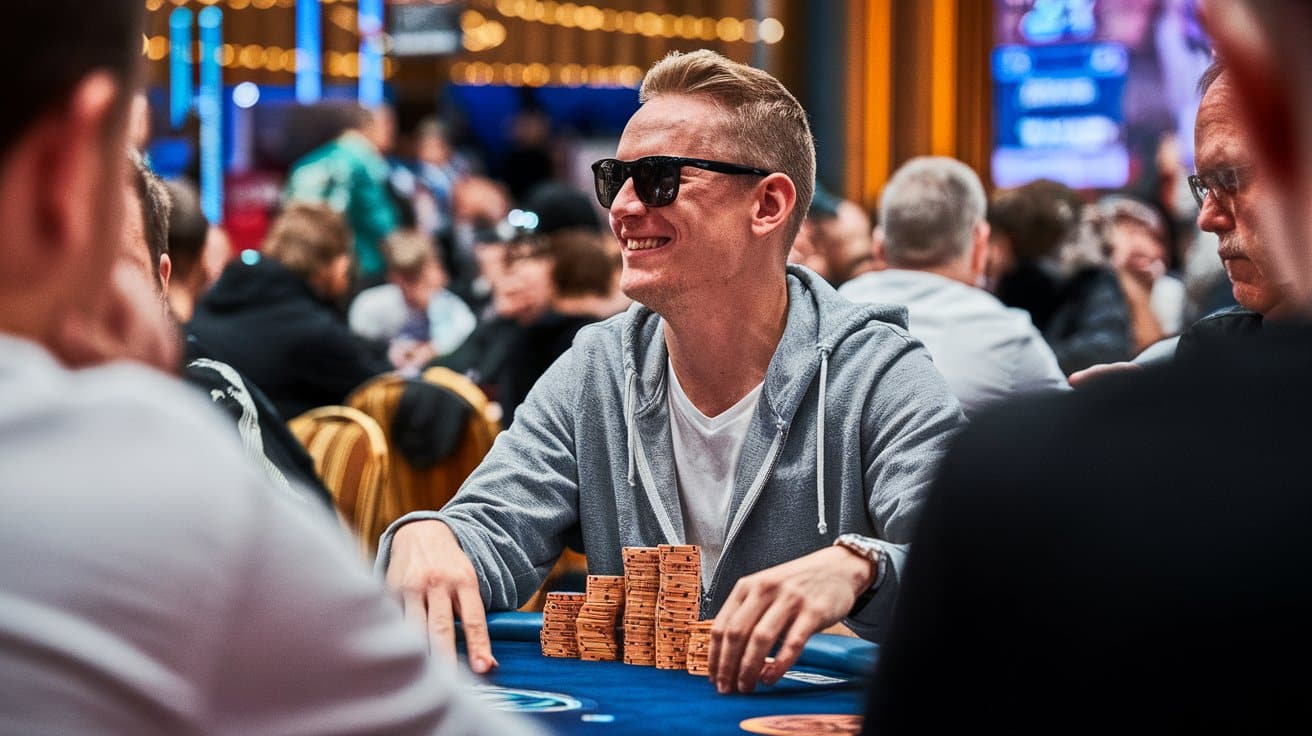 Poker igrač u sivom duksu i naočarima sedi nasmejan ispred velike gomile narandžastih žetona.