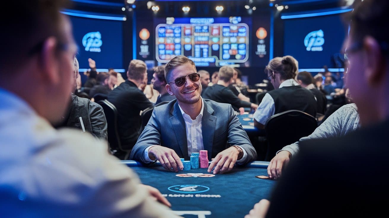 Poker igrač u tamnoplavom sakou i sunčanim naočarima, nasmejan i siguran dok drži svoje žetone na stolu.