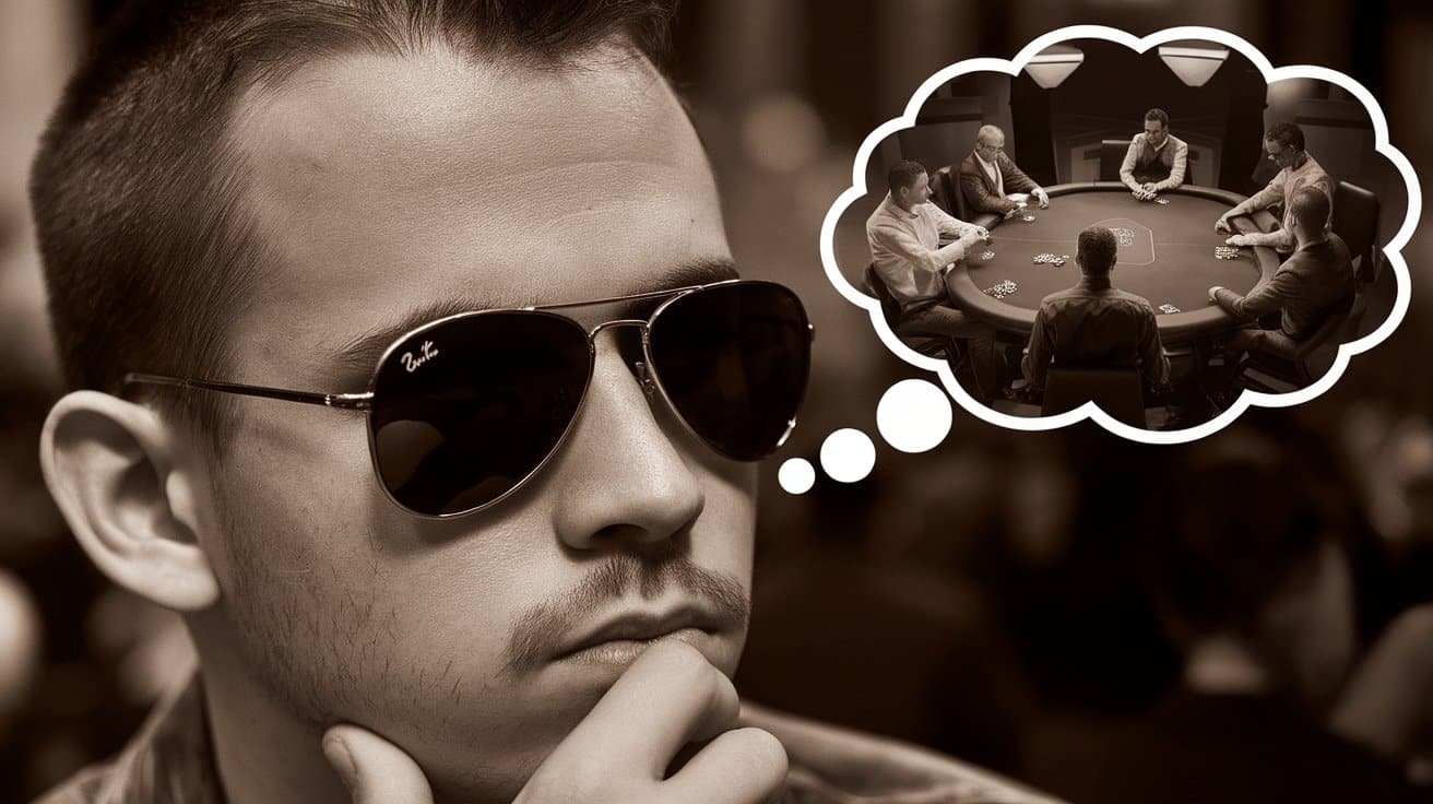 Poker igrač sa sunčanim naočarima zamišljeno gleda, sa balončićem misli u kome je scena pokera za stolom.