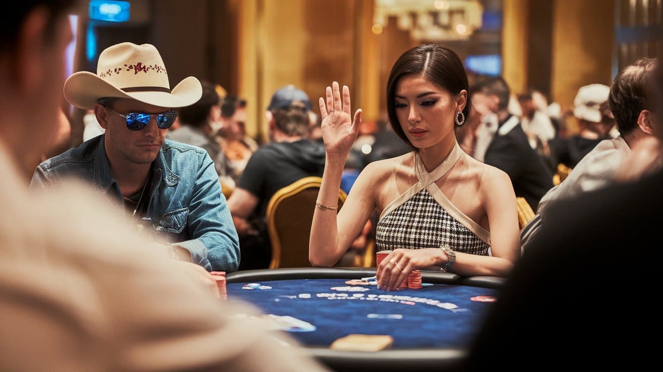 Poker igračica podiže ruku dok sedi za stolom, pored nje igrač sa kaubojskim šeširom i naočarima.