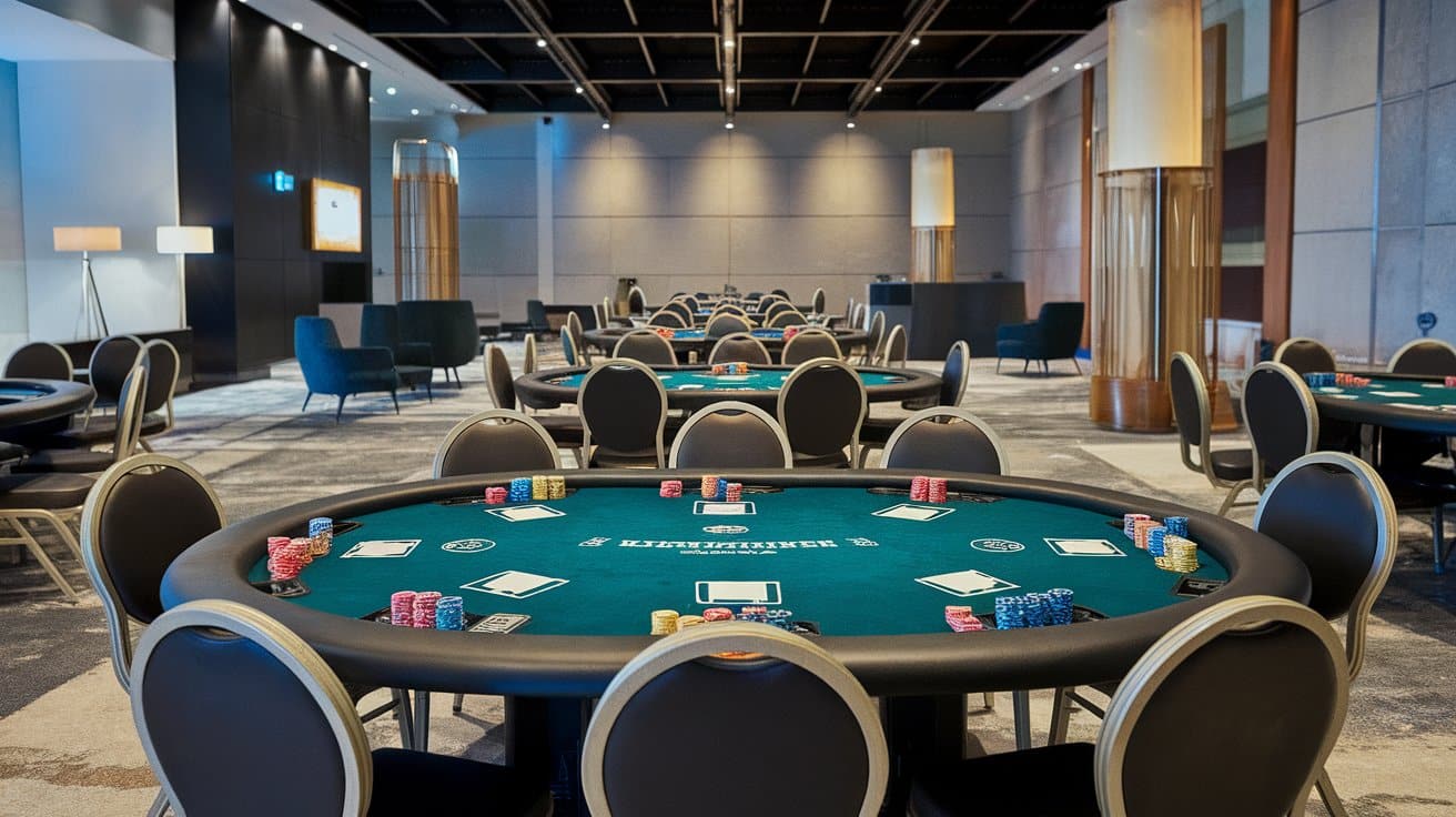 Prazna poker sala sa stolovima prekrivenim zelenim platnom i poređanim žetonima.