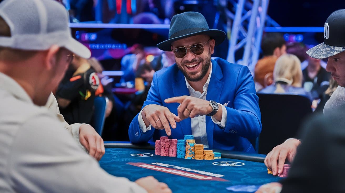 Muškarac u plavom odelu i šeširu, sa naočarima za sunce, nasmejan sedi za poker stolom sa gomilom žetona.