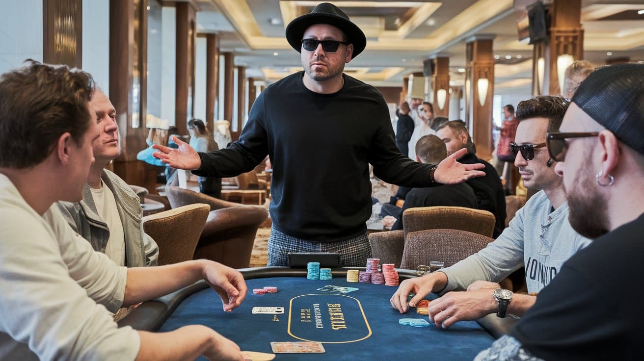 Muškarac u crnoj majici i šeširu stoji pored poker stola, raširenih ruku, dok drugi igrači sede i posmatraju.