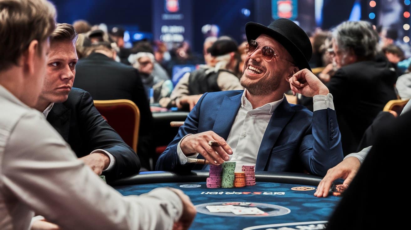 Muškarac u plavom odelu i šeširu, sa naočarima za sunce, nasmejan se naginje unazad za poker stolom.