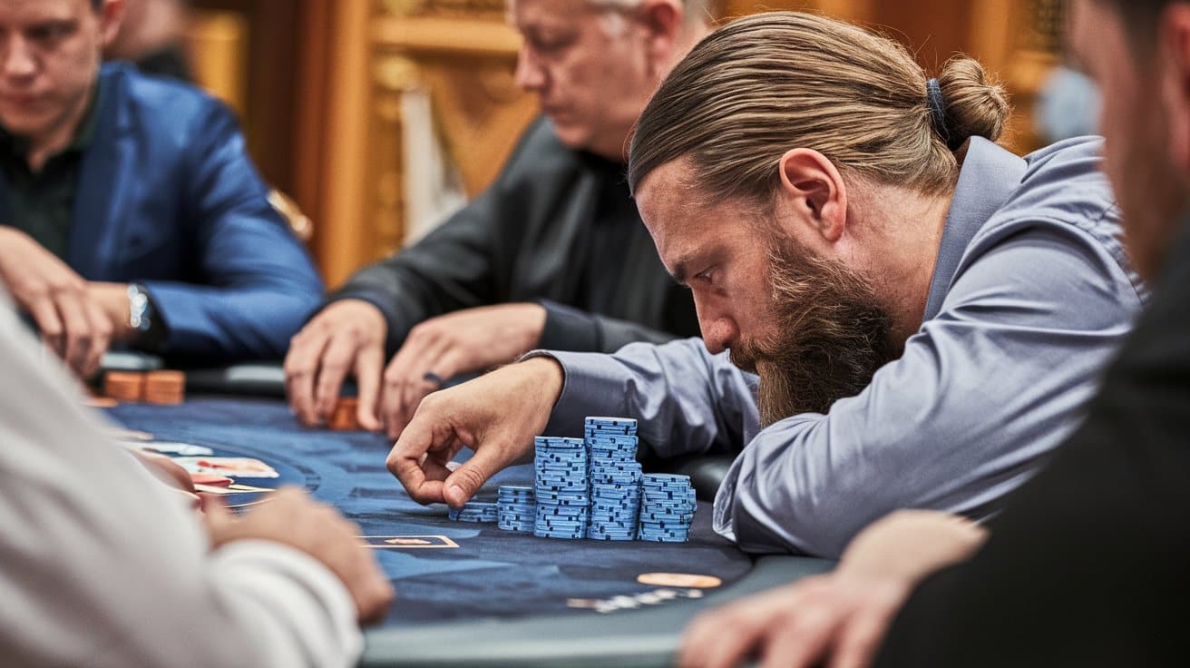 Poker igrač sa bradom pažljivo gleda i slaže plave žetone za stolom.