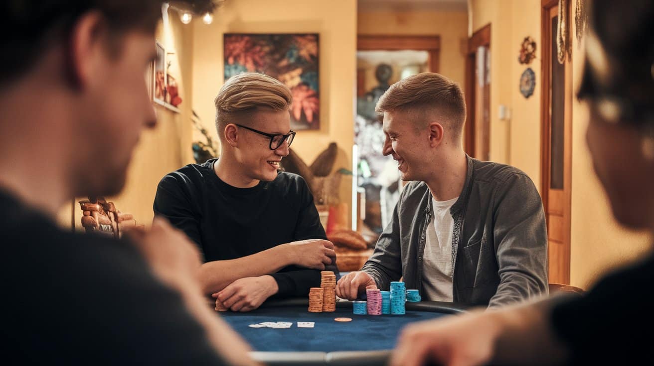 Dva mladića se smeju i uživaju dok igraju poker kod kuće.