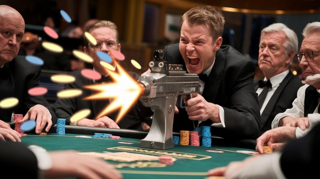Muškarac u smokingu viče i puca iz mitraljeza za poker stolom, dok žetoni lete po vazduhu.