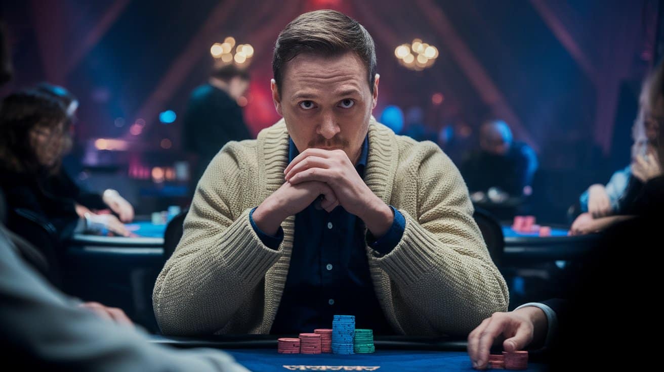 Poker igrač u svetlom džemperu sedi zamišljeno za stolom sa žetonima ispred sebe.
