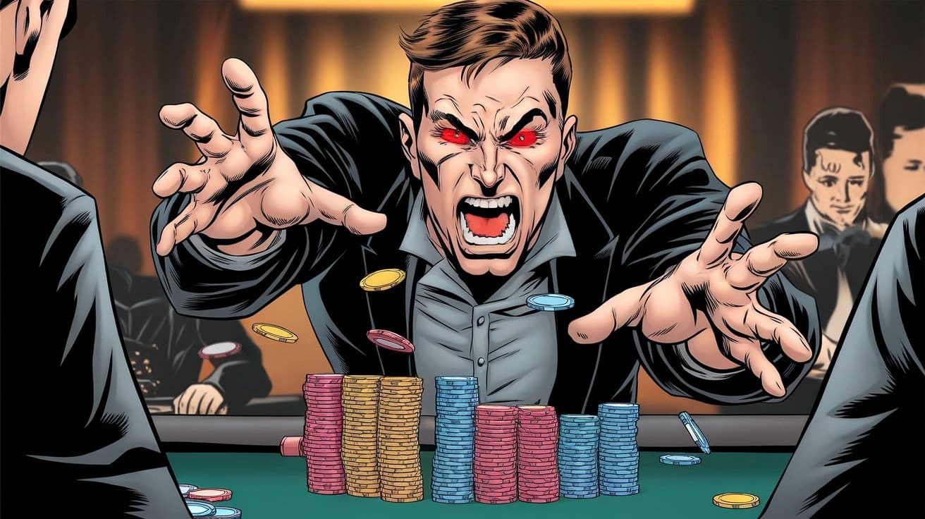 Besni poker igrač sa crvenim očima hvata žetone u trenutku intenzivne emocije.
