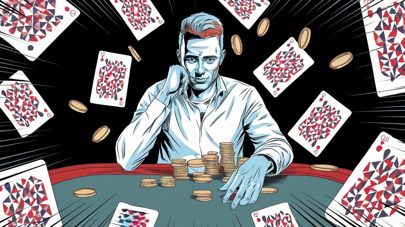 Miran poker igrač okružen letećim kartama i žetonima u dramatičnoj sceni.