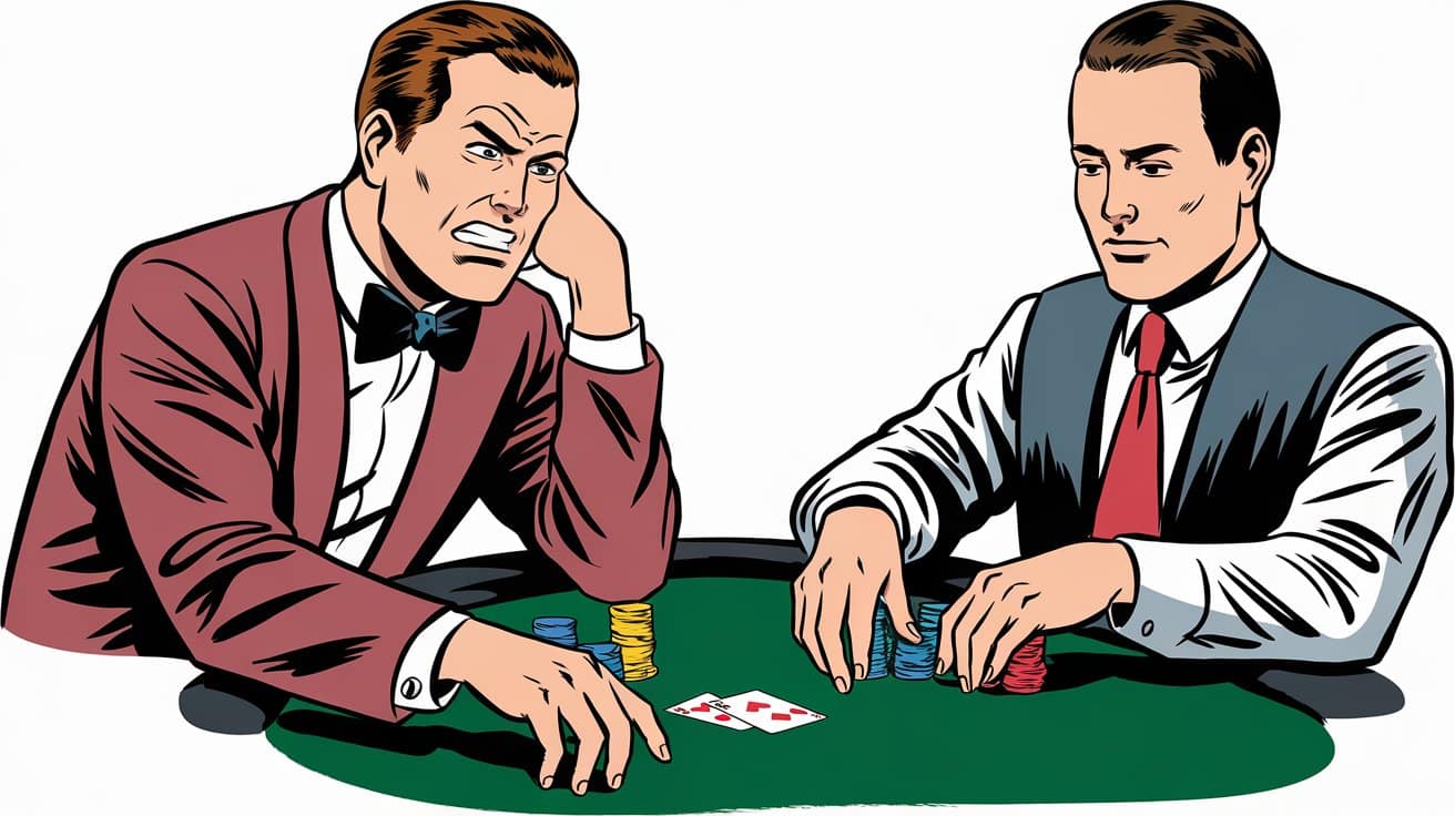 Dva poker igrača, jedan besan i drugi smiren, u odlučujućem duelu za stolom.