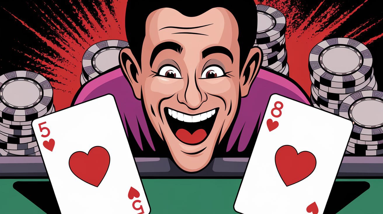 Srećan poker igrač drži dve karte srca ispred sebe, simbolizujući dobitnu ruku.