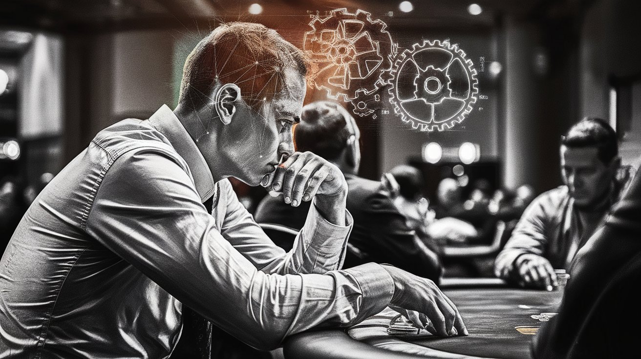 Poker igrač duboko uronjen u razmišljanje, dok se iznad njegove glave pojavljuju mehanički zupčanici koji simbolizuju analitičko razmišljanje.