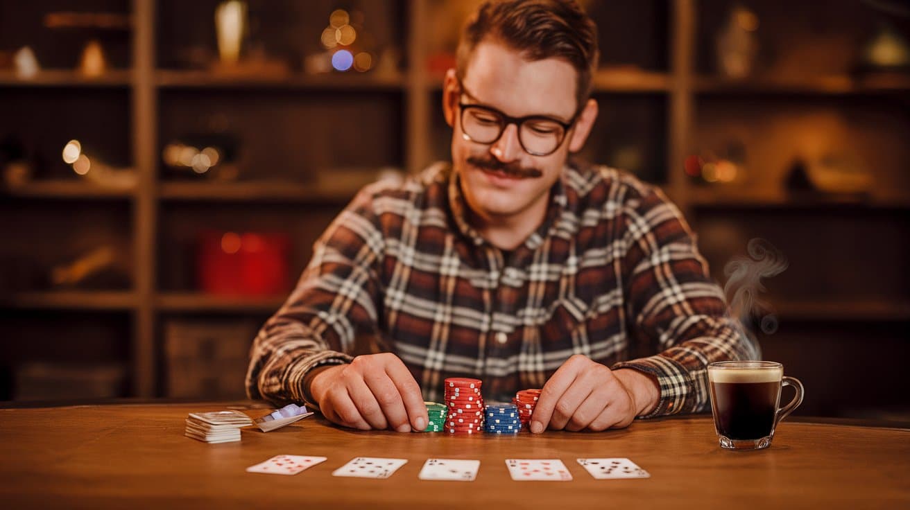 Muškarac sa naočarima i brkovima sedi za poker stolom, nasmejan, dok slaže žetone pored šoljice kafe