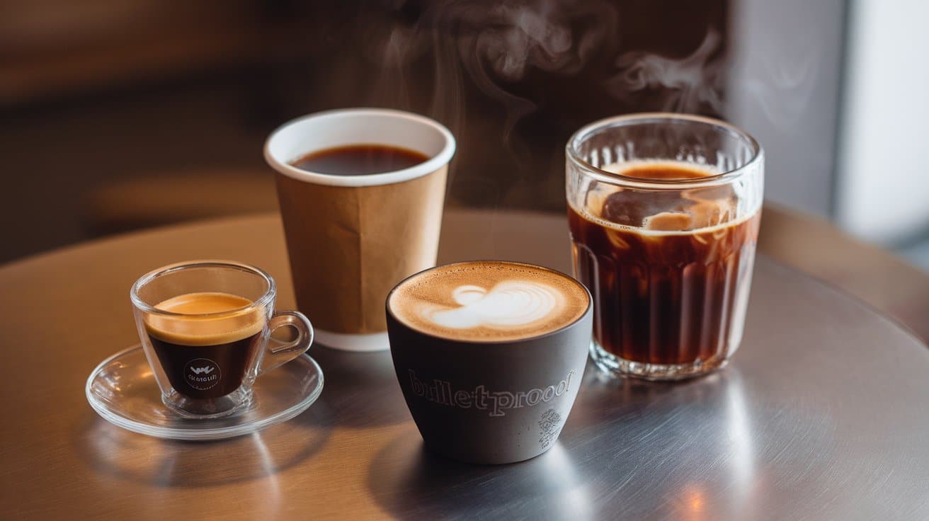 Četiri vrste kafe na metalnom stolu: espresso, cappuccino, filter kafa i kafa u staklenoj čaši, sa parom koja se diže