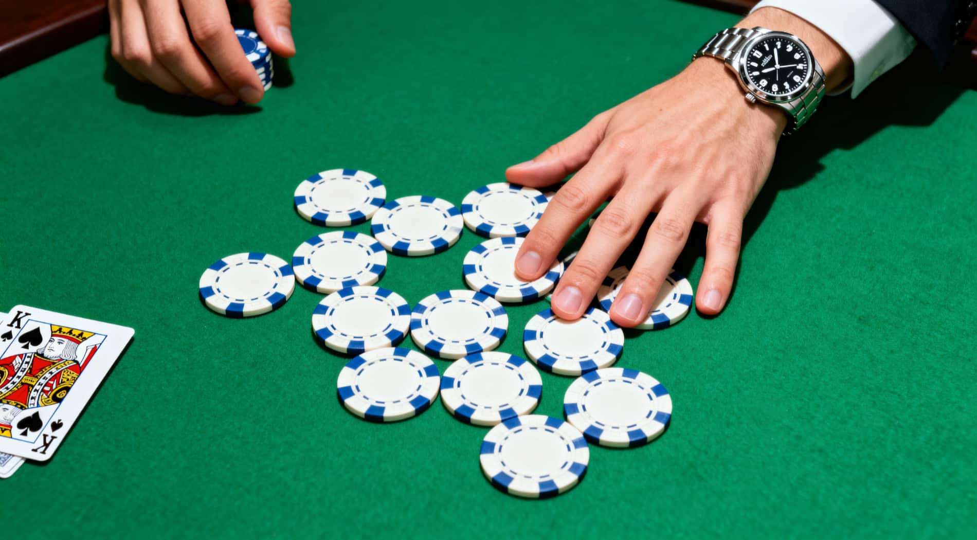 Igrač sa satom na ruci skuplja žetone na zelenom poker stolu, karta kralj pik leži pored.